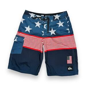 Quiksilver Boys American Flag Boardshorts 26 Blue Red White Stripe Stars Swim